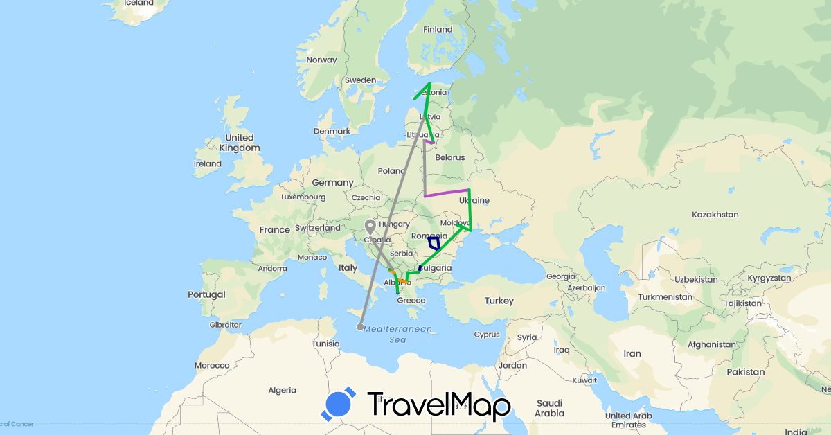 TravelMap itinerary: driving, bus, plane, train, boat, hitchhiking in Albania, Bulgaria, Estonia, Croatia, Lithuania, Latvia, Moldova, Montenegro, Macedonia, Malta, Romania, Ukraine (Europe)
